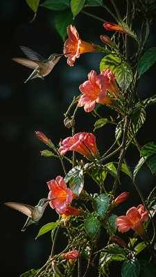 a climbing vine of flowers and hummingbirds on a dark background, tall wrapping composition, no text