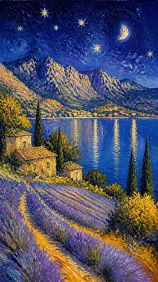 a tranquil mountain lake beneath a starry night sky, no people, no text