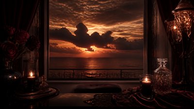 a panoramic ocean horizon with towering clouds at golden hour, no people
