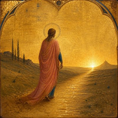 a solitary figure walking toward a glowing horizon across an empty plain, moody atmosphere, no text or lettering
