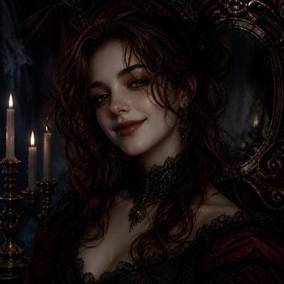 head-and-shoulders portrait of an original character: a young woman with wavy chestnut hair and a warm smile, plain soft backdrop