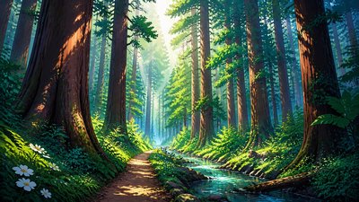 a panoramic redwood forest with light rays through mist, no people