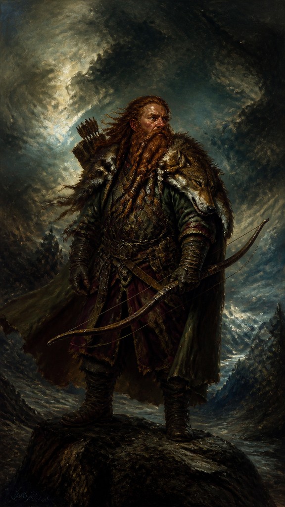 full-body original character: a dwarven ranger with a braided auburn beard, worn leather armor, a longbow and a wolf-pelt cloak, neutral background, no text