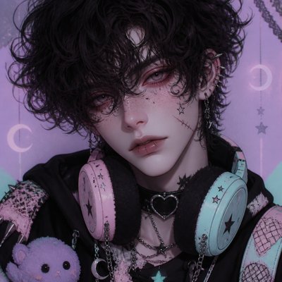 head-and-shoulders portrait of an original character: a young man with curly dark hair and headphones around his neck, plain backdrop, no text