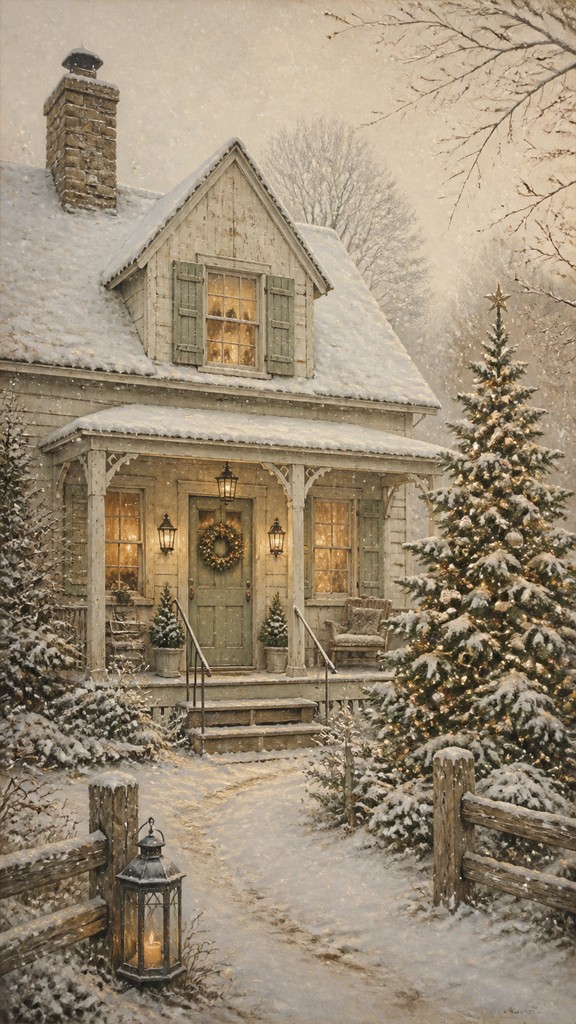 a snow-covered cottage with warm glowing windows beside a decorated pine tree, gentle snowfall, no text