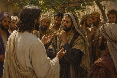 “And one of the scribes came up and heard them disputing with one another, and seeing that he answered them well, asked him, “Which commandment is the most important of all?” Jesus answered, “The most important is, ‘Hear, O Israel: The Lord our God, the Lord is one. And you shall love the Lord your God with all your heart and with all your soul and with all your mind and with all your strength.’ The second is this: ‘You shall love your neighbor as yourself.’ There is no other commandment greater than these.” And the scribe said to him, “You are right, Teacher. You have truly said that he is one, and there is no other besides him. And to love him with all the heart and with all the understanding and with all the strength, and to love one’s neighbor as oneself, is much more than all whole burnt offerings and sacrifices.” And when Jesus saw that he answered wisely, he said to him, “You are not far from the kingdom of God.”  Jesus stands among His disciples in a shady patio area outdoors talking to this scribe.  His disciples wonder at the exchange.  Several of them are also engaged in conversations set around the one Jesus is having.  We see Jesus from the left rear quarter, where we can see only the back of His head and the side of his face.  His hands are expressing His point.  The scribe to whom He speaks has a poignant, thoughtful expression.