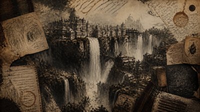 a cliffside city with waterfalls cascading into a misty canyon, wide establishing shot, no people, no text