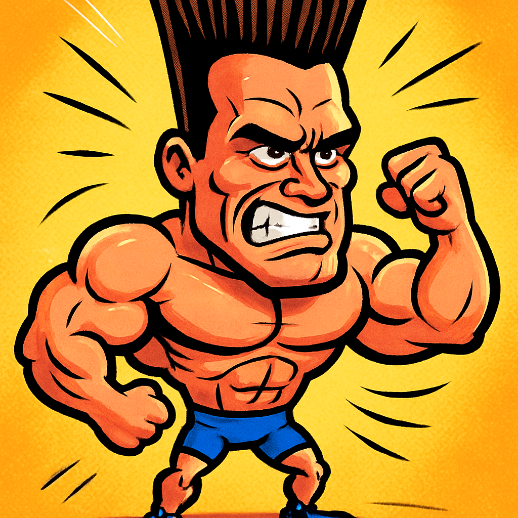 Arnold Schwarzenegger, extreme caricature, enormously tall crew cut hair, massive muscles, tiny lower body, exaggerated robotic expression, big head on tiny body, thick crisp black outlines, vibrant saturated colors, clean comic illustration style