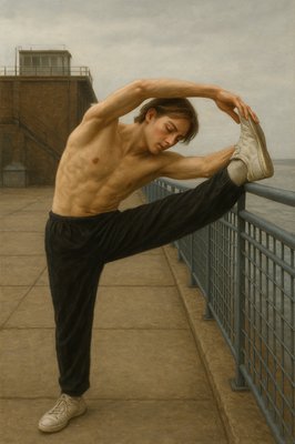 a painting of a shirtless man leaning on a railing