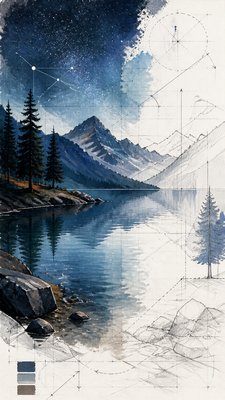 a tranquil mountain lake beneath a starry night sky, no people, no text