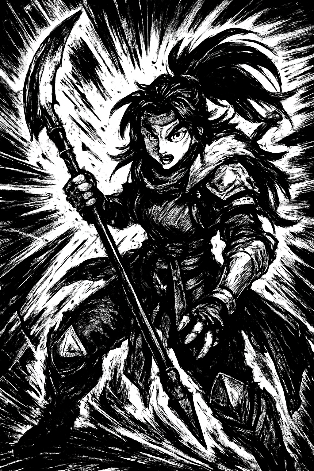 a black and white drawing of a woman holding a spear