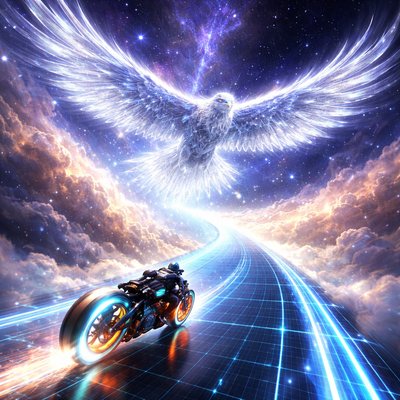 Neon-Futurism Digital Art Style, Bioluminescent Sci-Fi Cosmic Setting, High-Altitude Perspective. An exhilarating shot where the highway feels like it is suspended at the very top of the universe.

    The Rider & Bike Consistency: The lone motorcyclist—wearing the signature sleek, armored suit and helmet—is tucked tight for aerodynamics on the hubless "light-cycle." The cyan and orange neon rings of the wheels are glowing intensely as the bike reaches top speed.

    The Path (The Rising Ecliptic): The glowing blue laser-grid highway is no longer level; it is banking sharply upward, curving through a sea of soft, white-gold clouds made of ionized gas.

    The Cancer Presence (The Eagle): Soaring directly above the rider is the colossal, majestic Celestial Eagle. Its wingspan is massive, stretching across the entire frame. The bird is composed of shimmering white light and silver-blue circuitry. Its feathers look like individual blades of glowing glass, trailing "stardust" behind them.

    The Action: The Eagle is in mid-flight, its talons tucked and its head forward, appearing to lead the rider through a turbulent nebula. The rider is positioned directly in the "slipstream" of the Eagle’s wings, where the air is filled with glowing white feathers made of pure energy.

    Atmosphere: A sense of soaring freedom and divine protection. The color palette shifts to bright whites, ethereal silvers, and soft periwinkle, contrasting with the sharp neon of the motorcycle.

    Lighting: Radiant and "heavenly." The glow from the Eagle’s wings illuminates the top of the rider’s helmet and shoulders in a brilliant white rim-light.
