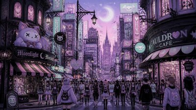 bustling city street panorama at dusk