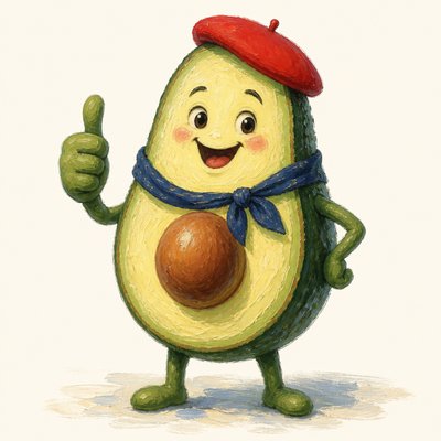 a happy avocado character giving a thumbs up, bold readable design on a plain background, no text