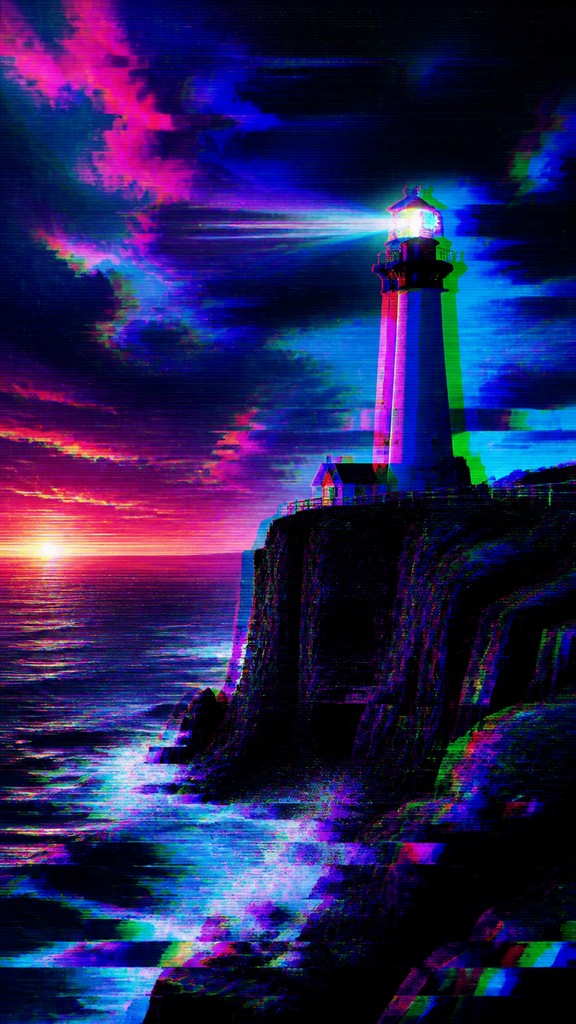 a lone lighthouse on a cliff at dusk under a dramatic sky, no text or lettering