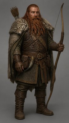 full-body original character: a dwarven ranger with a braided auburn beard, worn leather armor, a longbow and a wolf-pelt cloak, neutral background, no text