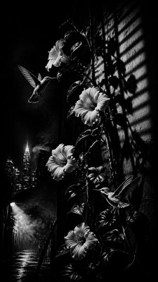 a climbing vine of flowers and hummingbirds on a dark background, tall wrapping composition, no text
