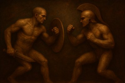 a painting of two men fighting with each other