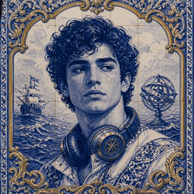 head-and-shoulders portrait of an original character: a young man with curly dark hair and headphones around his neck, plain backdrop, no text