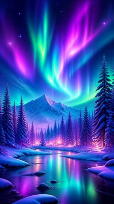 a snowy pine forest under the northern lights, no people