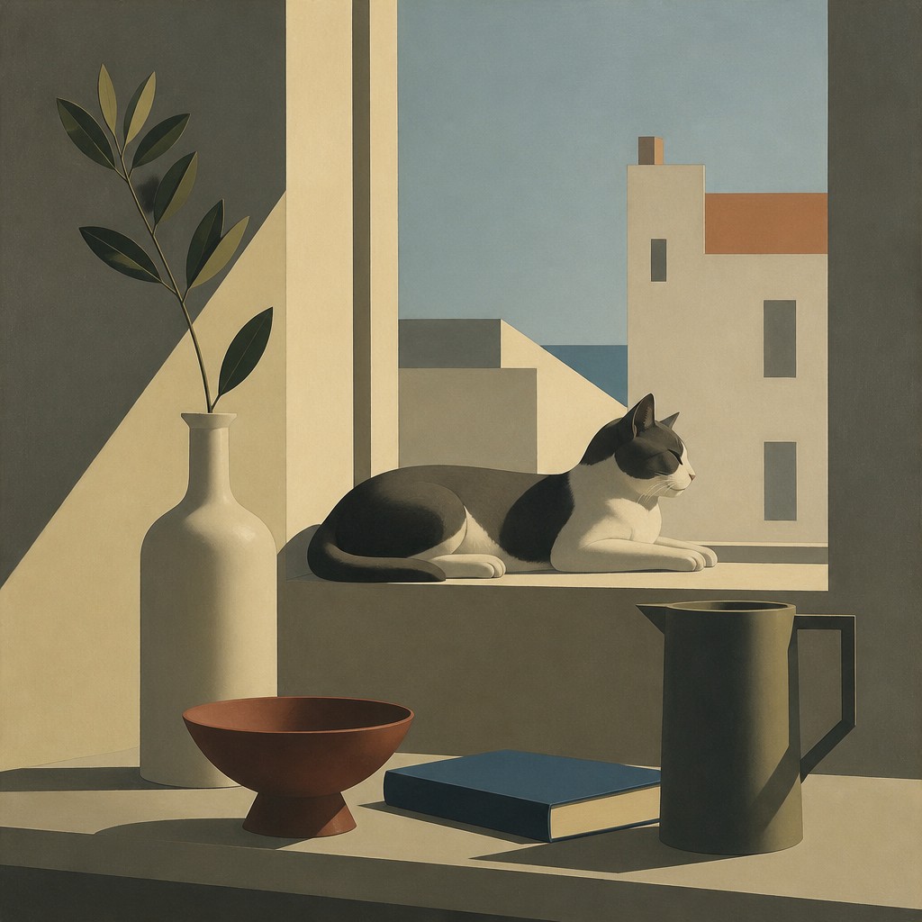 a cat lounging in a sunlit window — Purism Art Style