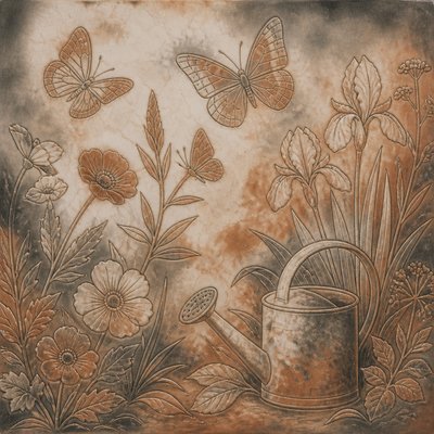 a garden scene with butterflies, flowers and a watering can, clean uncolored line art, no text