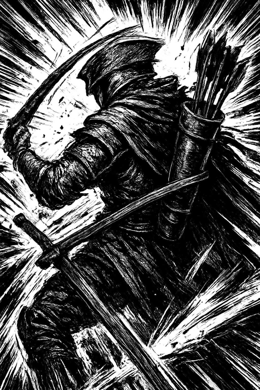 a black and white drawing of a man holding a bow