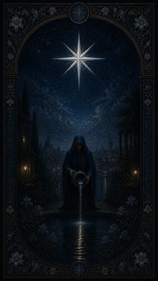 a robed figure pouring water beneath a large eight-pointed star in a night sky, symmetrical composition with an ornate decorative border, no text