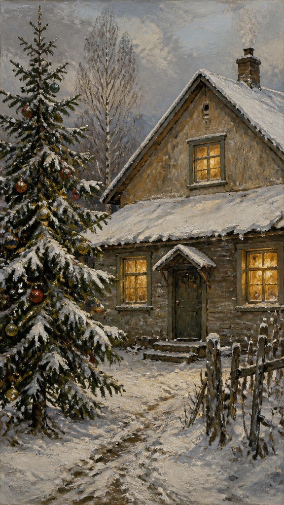 a snow-covered cottage with warm glowing windows beside a decorated pine tree, gentle snowfall, no text