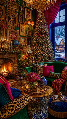 a snow-covered cottage with warm glowing windows beside a decorated pine tree, gentle snowfall, no text