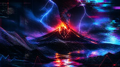 an erupting volcano with lightning strikes, dramatic wide composition, no text