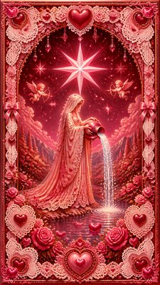 a robed figure pouring water beneath a large eight-pointed star in a night sky, symmetrical composition with an ornate decorative border, no text