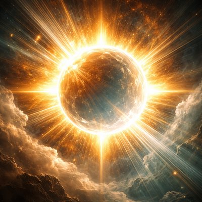 Ancient celestial vision: the blazing sun unites with a completely translucent moon, the moon rendered invisible, swallowed by the sun's overwhelming radiance yet delicately outlined as a glass, beams of divine light pouring through, the moon spiritual symbolism of hidden union and concealed intimacy, ethereal golden and silver tones, sun and moon the same size, golden rays enveloping a transparent moon.