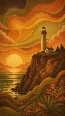 a lone lighthouse on a cliff at dusk under a dramatic sky, no text or lettering