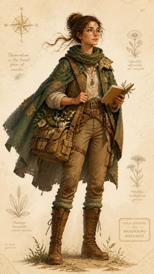 full-body original character: a wandering botanist with a satchel of plants, a patched green cloak, tall boots and round glasses, neutral background