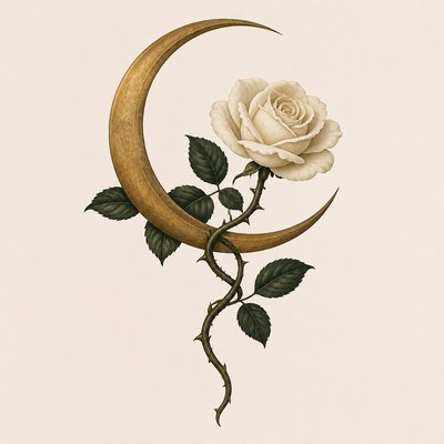 a rose entwined with a crescent moon, clean balanced composition on a plain background, no text