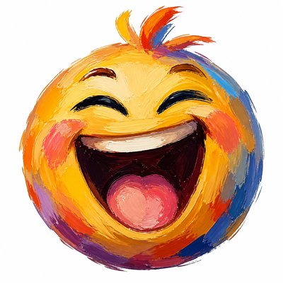 an exaggerated laughing face of an original round mascot character, bold and readable at small size, plain background, no text