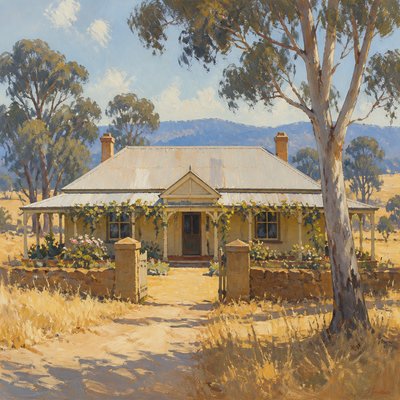 house with front view — Heidelberg School Art Style