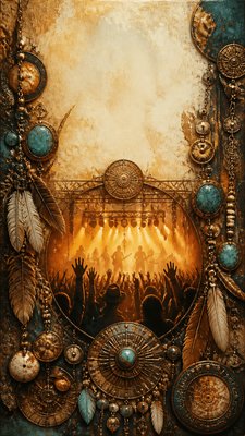 a live music scene with a glowing stage and silhouetted crowd, energetic vertical composition with open space at the top, no text