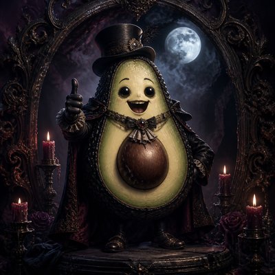 a happy avocado character giving a thumbs up, bold readable design on a plain background, no text