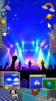 a live music scene with a glowing stage and silhouetted crowd, energetic vertical composition with open space at the top, no text