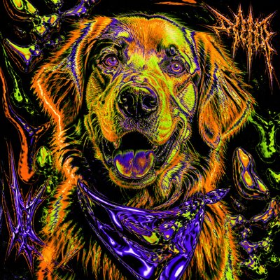 portrait of a golden retriever wearing a blue bandana, warm plain backdrop, no text