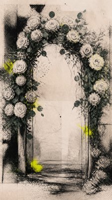 an arch of white roses and eucalyptus in soft morning light, elegant vertical composition with open space, no text