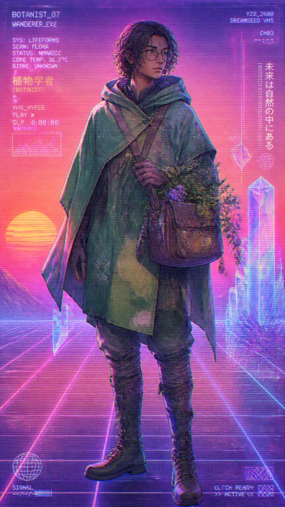 full-body original character: a wandering botanist with a satchel of plants, a patched green cloak, tall boots and round glasses, neutral background