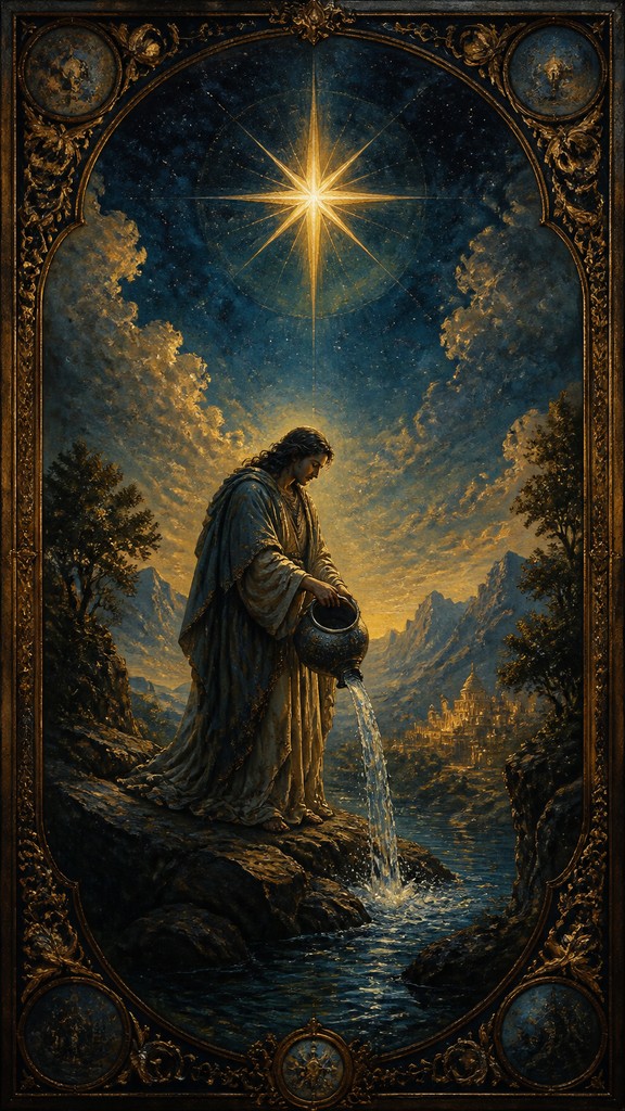 a robed figure pouring water beneath a large eight-pointed star in a night sky, symmetrical composition with an ornate decorative border, no text