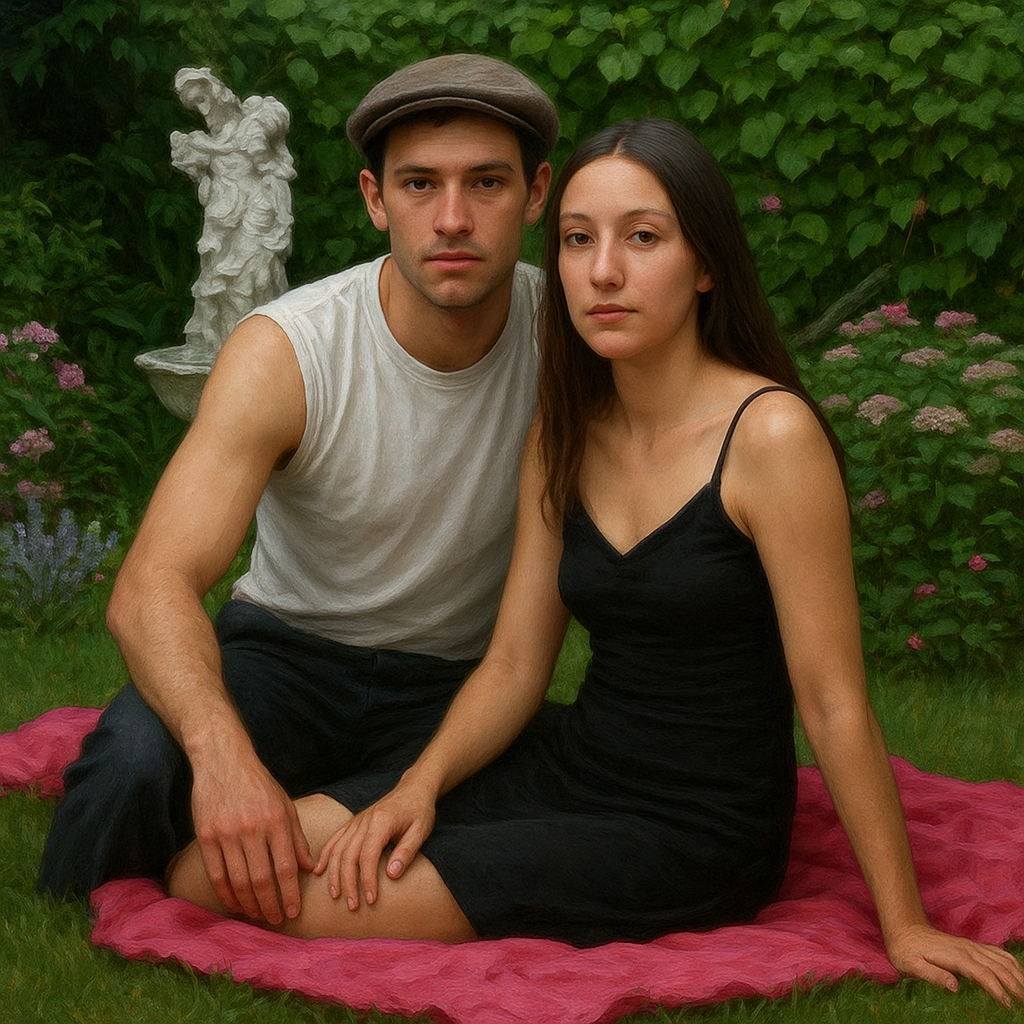 a man and a woman are sitting on a blanket