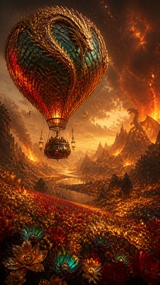 a hot air balloon drifting over rolling flower fields on a sunny day, cheerful, no text