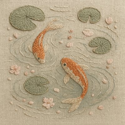 A koi pond seen from above, orange and white koi fish swimming among lily pads, clear water with subtle ripples, fallen cherry blossom petals floating on the surface, dappled sunlight