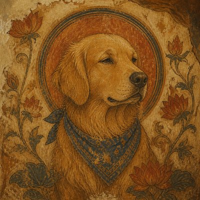 portrait of a golden retriever wearing a blue bandana, warm plain backdrop, no text