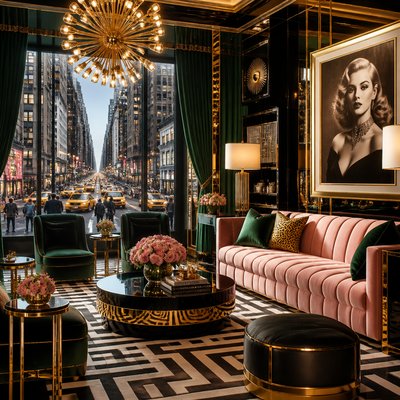 urban street with city activity — Hollywood Regency Interior Design